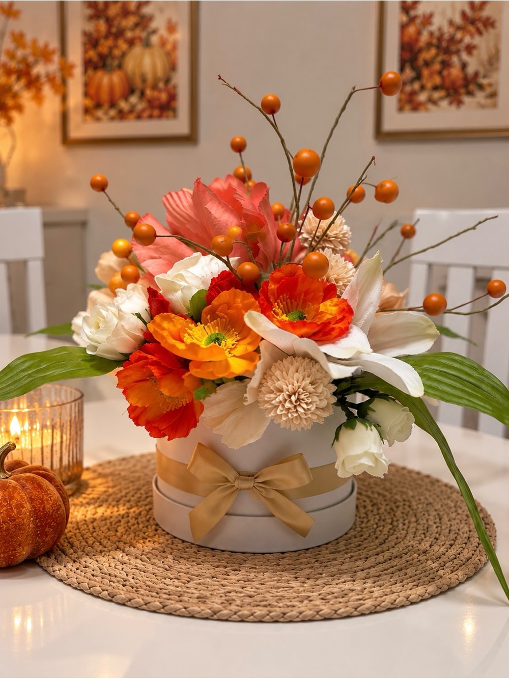 Handmade Fall Poppy Floral Arrangement Autumn Centerpiece Home Decor
